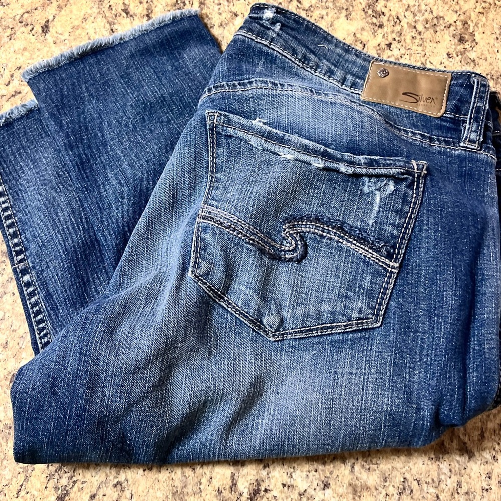 Silver Jeans Boyfriend Denim distressed fringed super stretch jeans